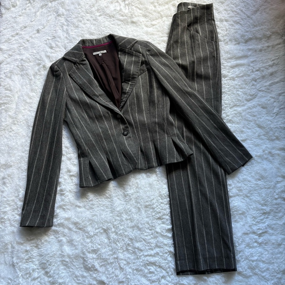 Gray Pinstripe Suit Vintage Wool Peplum Blazer Jacket